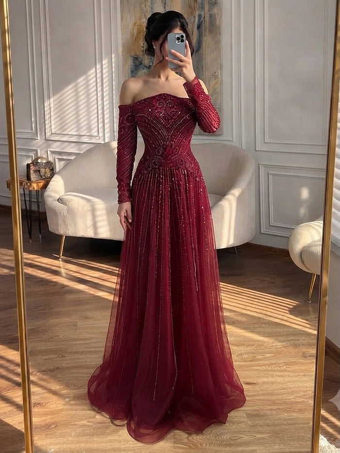 Luxury Wine Red Beaded Off Shoulder Long Sleeve Evening Dress LA73707 SERENE HILL