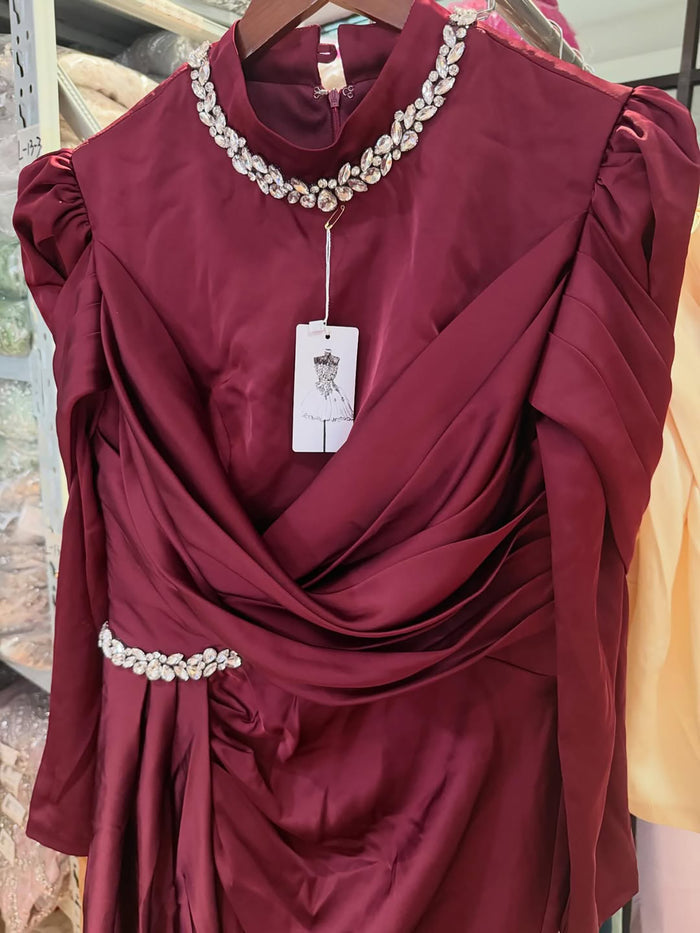 Luxury Wine Red Crystal Mermaid Ruched Long Sleeve Evening Dress LA73768 - SERENE  HILL