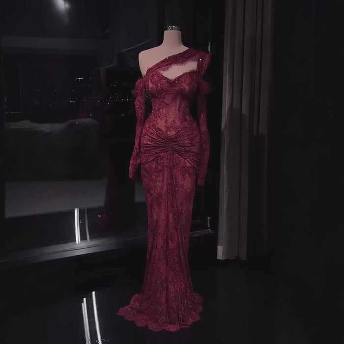 Luxury Wine Red Lace Beaded Mermaid One Shoulder Evening Dress LA73484B