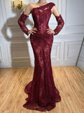 Luxury Wine Red Lace Beaded Mermaid One Shoulder Evening Dress LA73484B SERENE HILL