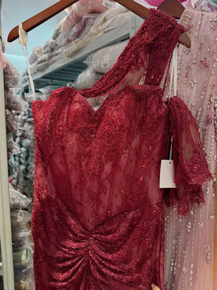Luxury Wine Red Lace Beaded Mermaid One Shoulder Evening Dress LA73484B SERENE HILL