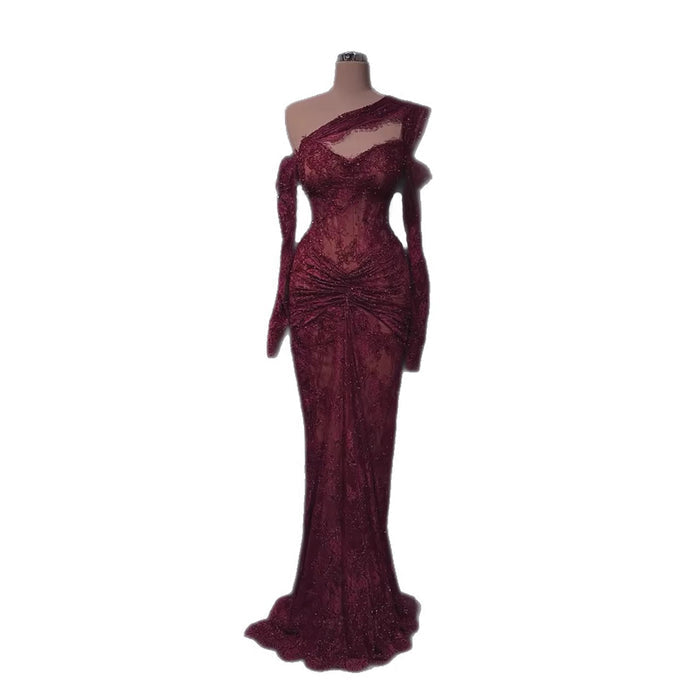 Luxury Wine Red Lace Beaded Mermaid One Shoulder Evening Dress LA73484B