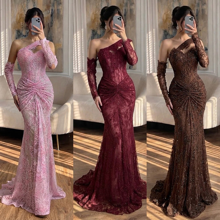 Luxury Wine Red Lace Beaded Mermaid One Shoulder Evening Dress LA73484B SERENE HILL