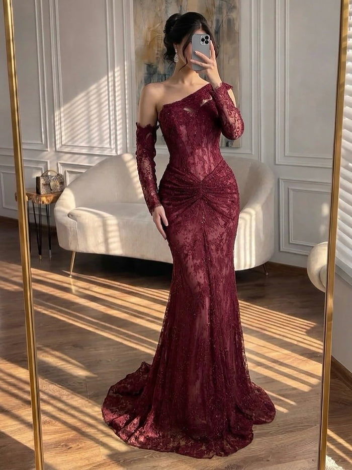 Luxury Wine Red Lace Beaded Mermaid One Shoulder Evening Dress LA73484B SERENE HILL