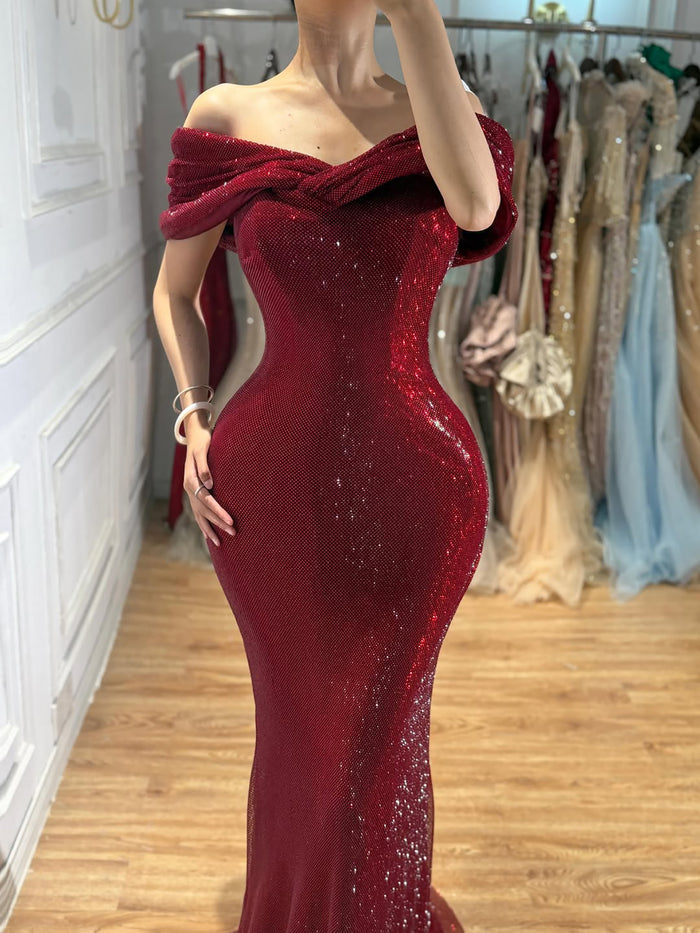 Luxury Wine Red Off Shoulder Mermaid Evening Dress LA73689 SERENE HILL
