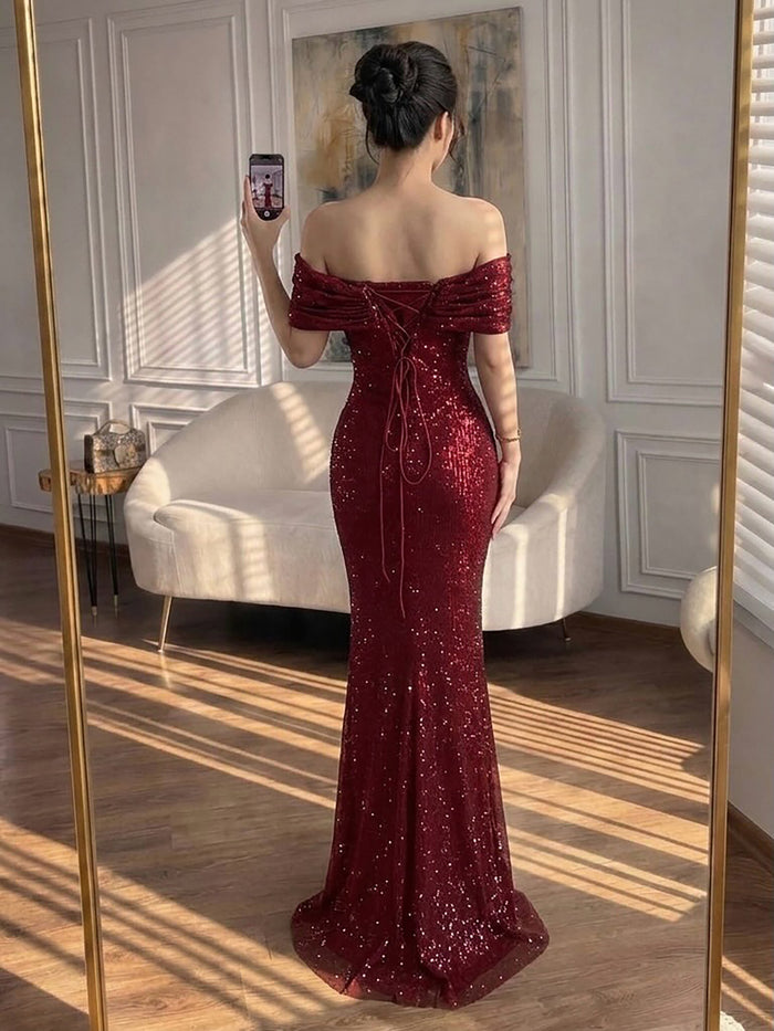 Luxury Wine Red Off Shoulder Mermaid Evening Dress LA73689 SERENE HILL