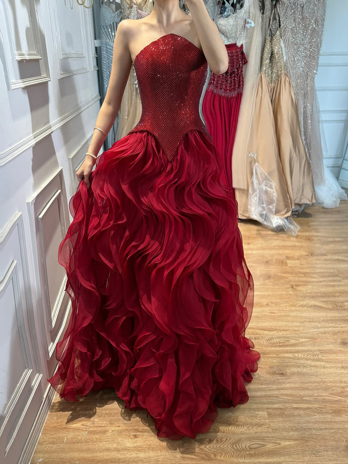 Luxury Wine Red Strapless Basque Shimmering Cascading Ruffle Dress LA73852 SERENE HILL