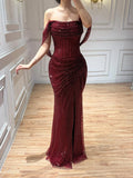 Luxury Wine Red Strapless Beaded Mermaid Evening Dress LA73410A