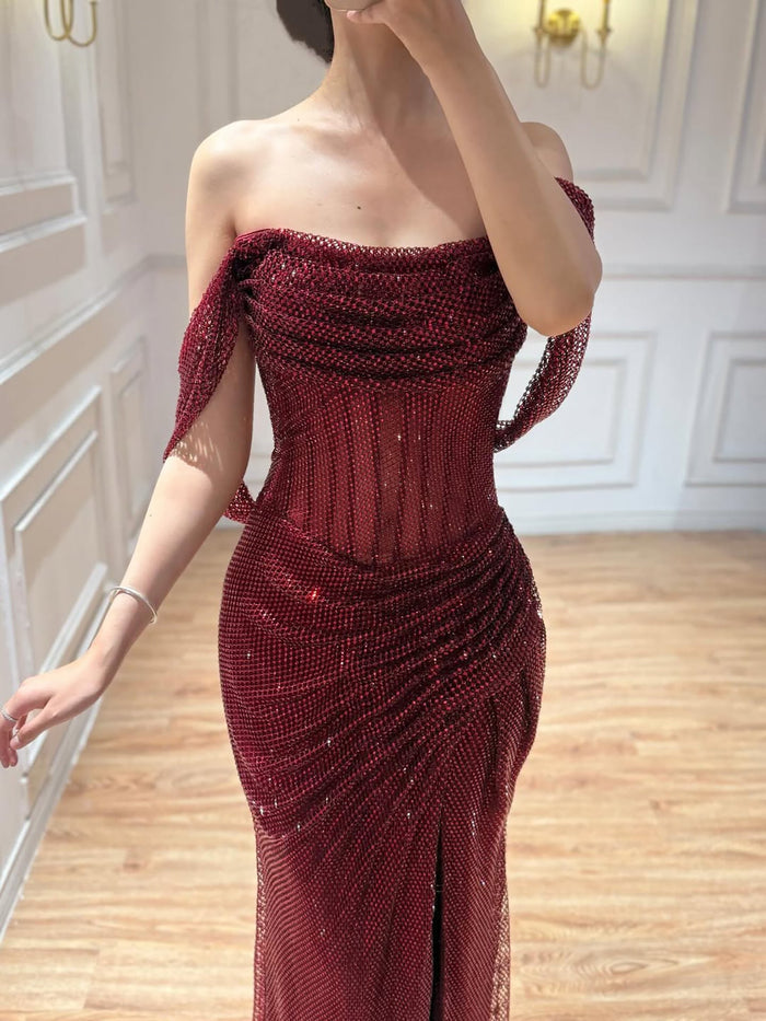 Luxury Wine Red Strapless Beaded Mermaid Evening Dress LA73410A