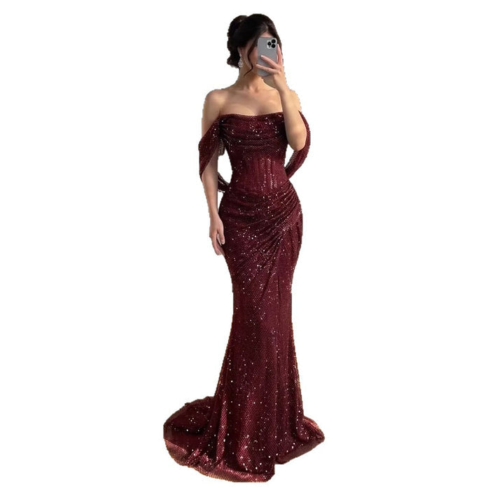 Luxury Wine Red Strapless Beaded Mermaid Evening Dress LA73410A