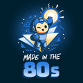 Premium Cotton T-shirt_TeeTurtle navy blue Made in the 80s featuring a winking Mega Man with his blaster arm in the air surrounded by 80s graphic elements, and the caption, "Made in the 80s".