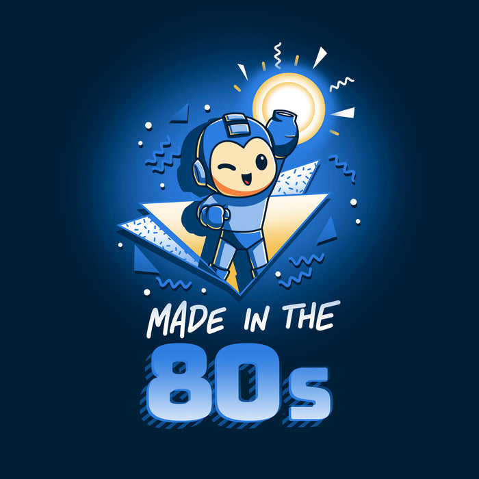 Long Sleeve T-shirt_TeeTurtle navy blue Made in the 80s featuring a winking Mega Man with his blaster arm in the air surrounded by 80s graphic elements, and the caption, "Made in the 80s".