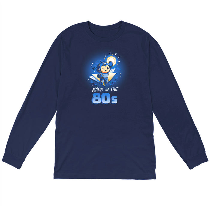Long Sleeve T-shirt_TeeTurtle navy blue Made in the 80s featuring a winking Mega Man with his blaster arm in the air surrounded by 80s graphic elements, and the caption, "Made in the 80s".