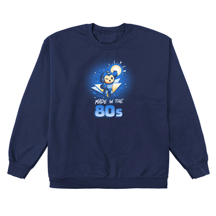 Crew Neck Sweatshirt_TeeTurtle navy blue Made in the 80s featuring a winking Mega Man with his blaster arm in the air surrounded by 80s graphic elements, and the caption, "Made in the 80s".