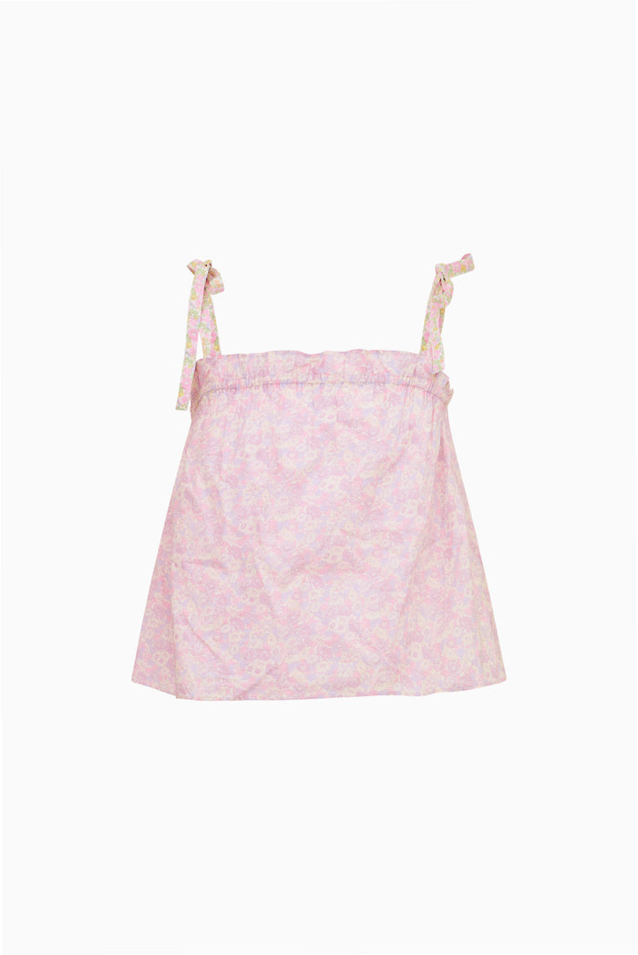 Pink floral tank top with thin straps on a white background