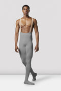 Gun metal Bloch Mens Performance Footed Dance Tight on male model parallel feet with right foot en pointe with arms by side facing back