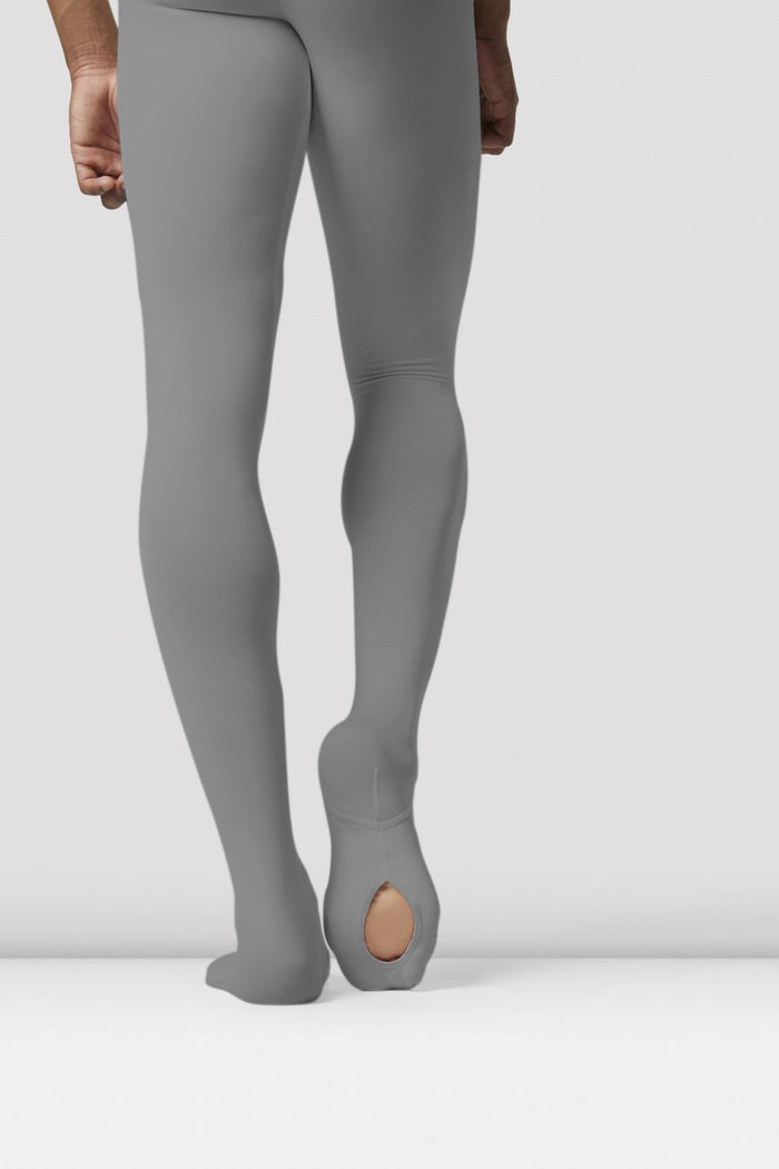 Gun metal Bloch Mens Performance Footed Dance Tight on male model facing back focus on sole of right foot