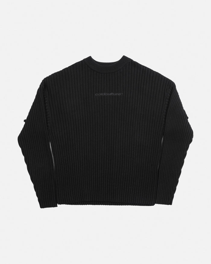 MESSY KNIT BLACK - black ribbed knit sweater, front view - Cold Culture