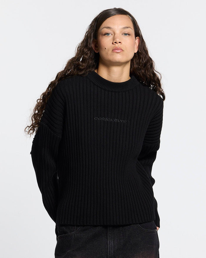 MESSY KNIT BLACK - black ribbed knit sweater, front view on female model - Cold Culture #woman