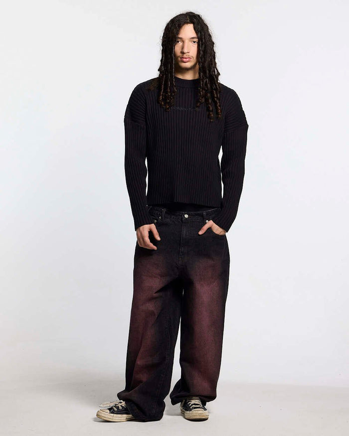 MESSY KNIT BLACK - black ribbed knit sweater, front view on male model - Cold Culture #man