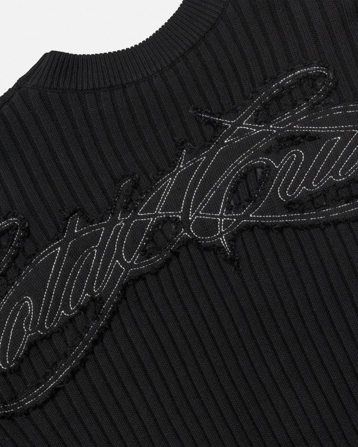 MESSY KNIT BLACK - black ribbed knit sweater, detail close-up - Cold Culture