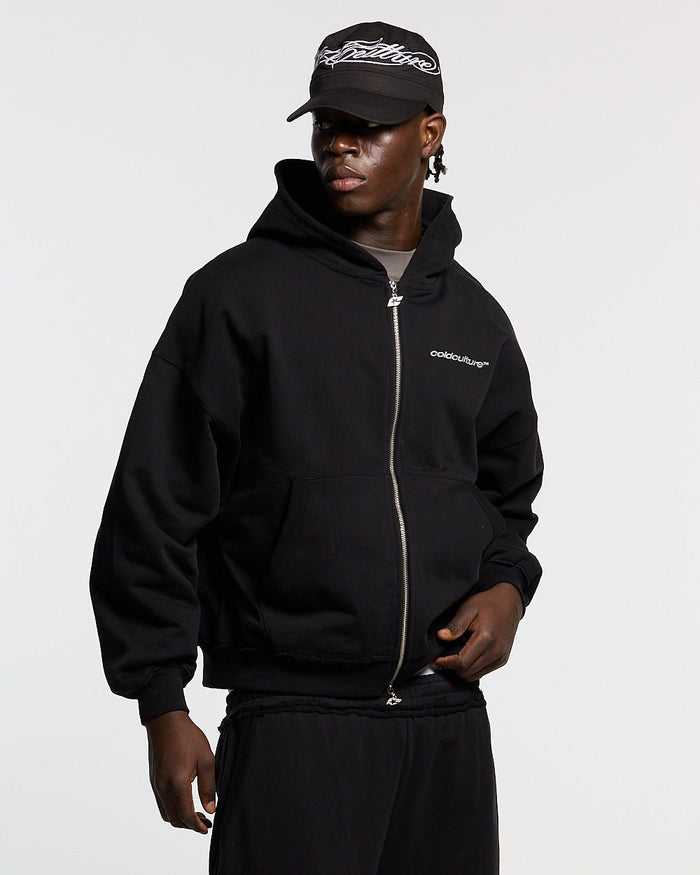 MIDNIGHT SET ZIP UP BLACK - black zip-up hoodie, front view on male model - Cold Culture #man