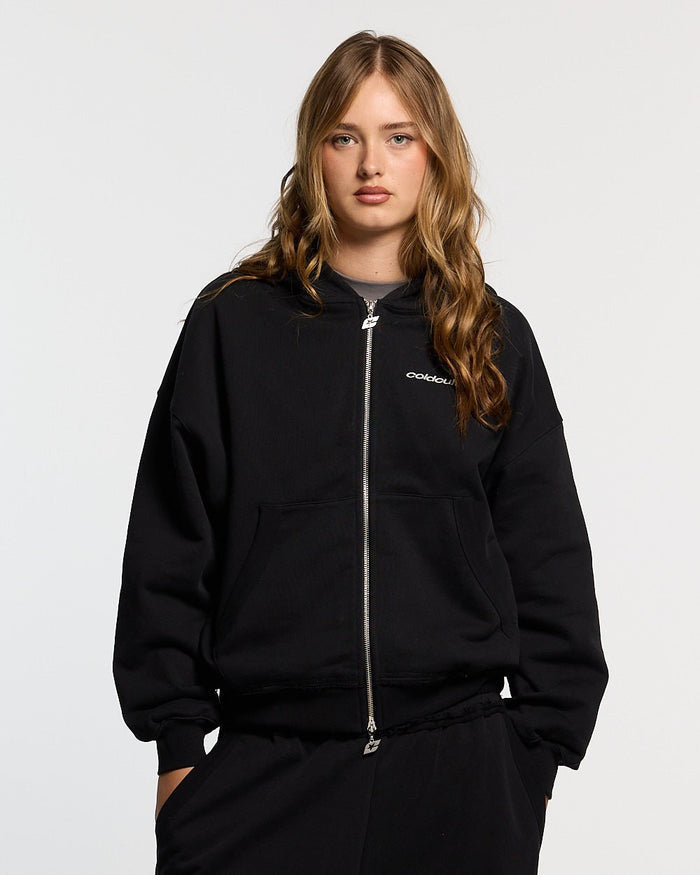 MIDNIGHT SET ZIP UP BLACK - black zip-up hoodie, front view on female model - Cold Culture #woman