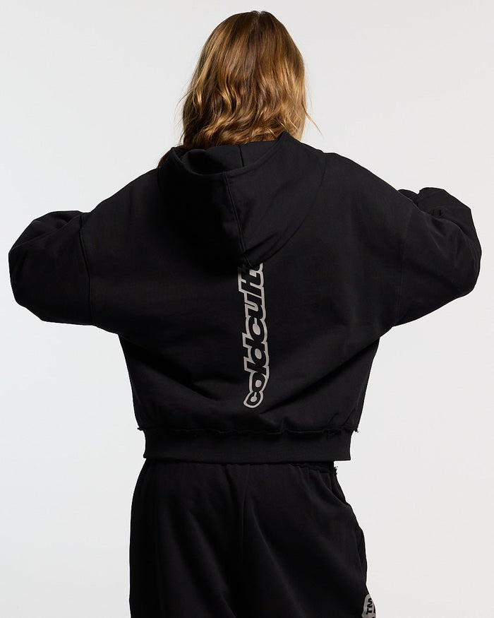 MIDNIGHT SET ZIP UP BLACK - black zip-up hoodie, back view on female model - Cold Culture #woman