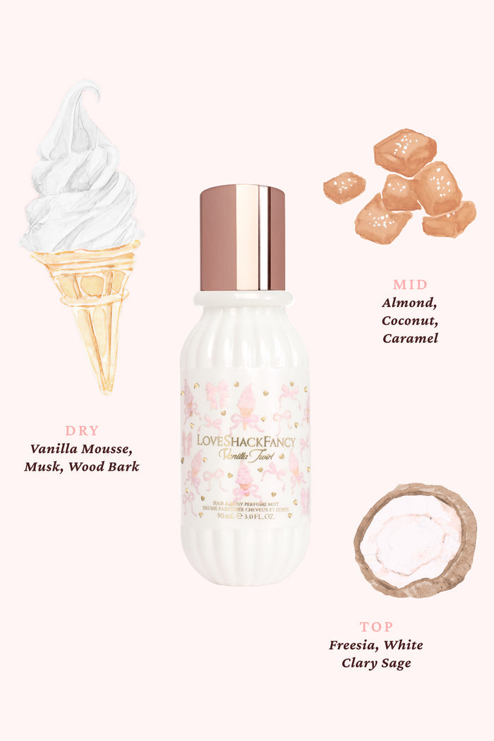 Perfume bottle with product details on a white background