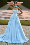 Minimalist Sky Blue Satin Strapless Ball Gown Evening Dress SF036 Sheer Fairy