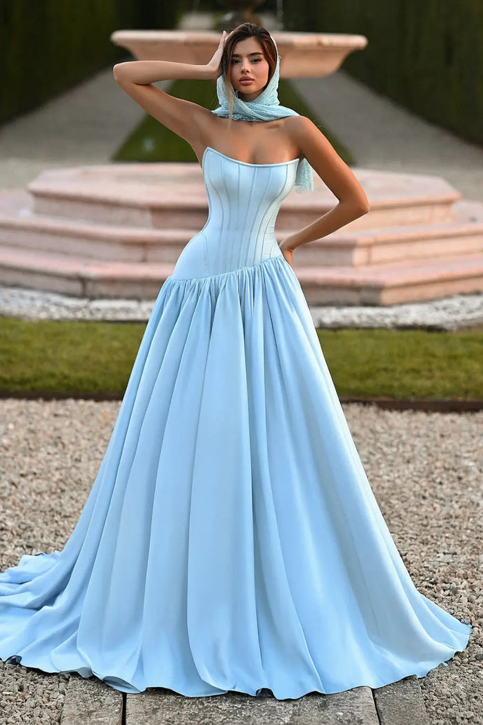 Minimalist Sky Blue Satin Strapless Ball Gown Evening Dress SF036 Sheer Fairy