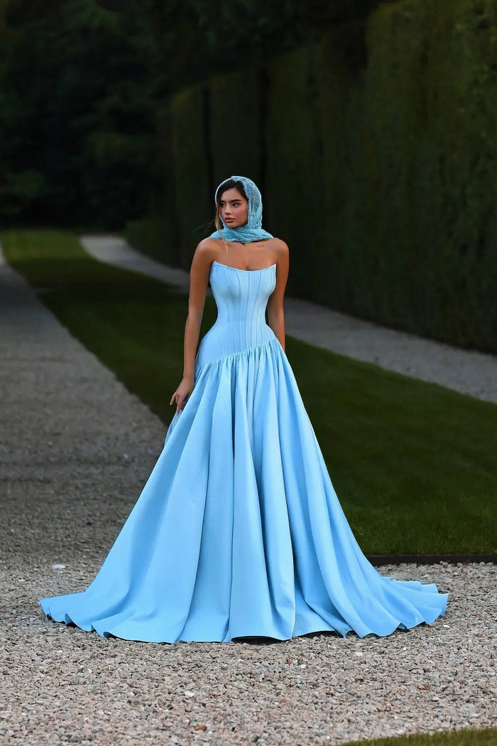 Minimalist Sky Blue Satin Strapless Ball Gown Evening Dress SF036 Sheer Fairy