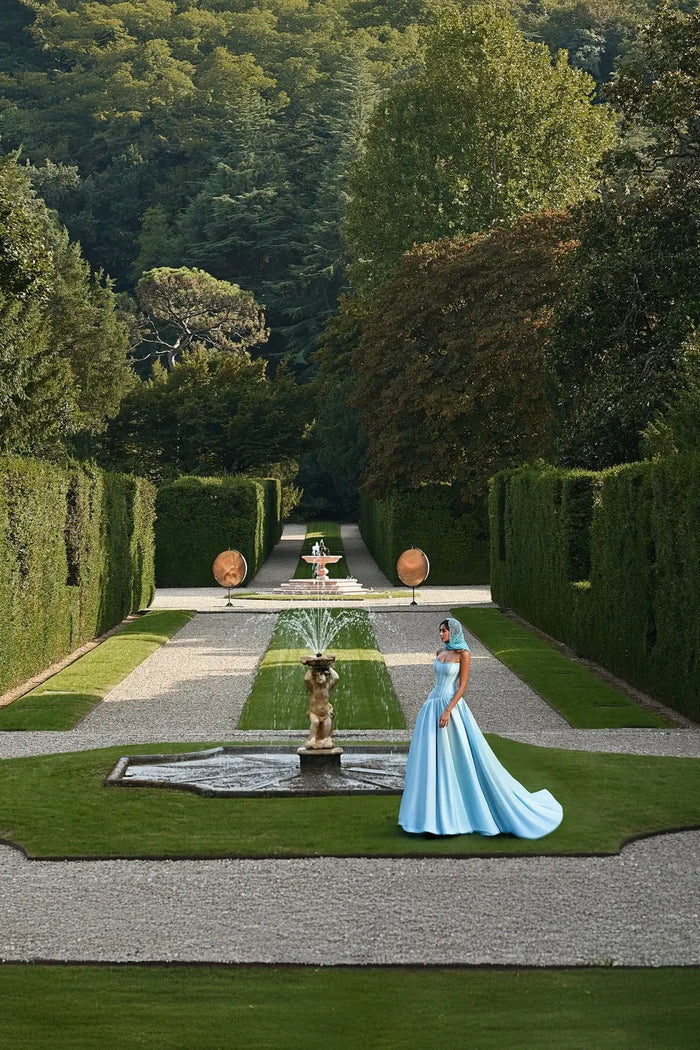 Minimalist Sky Blue Satin Strapless Ball Gown Evening Dress SF036 Sheer Fairy