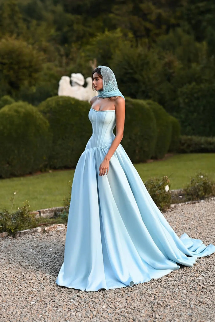 Minimalist Sky Blue Satin Strapless Ball Gown Evening Dress SF036 Sheer Fairy