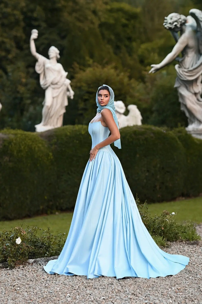 Minimalist Sky Blue Satin Strapless Ball Gown Evening Dress SF036 Sheer Fairy