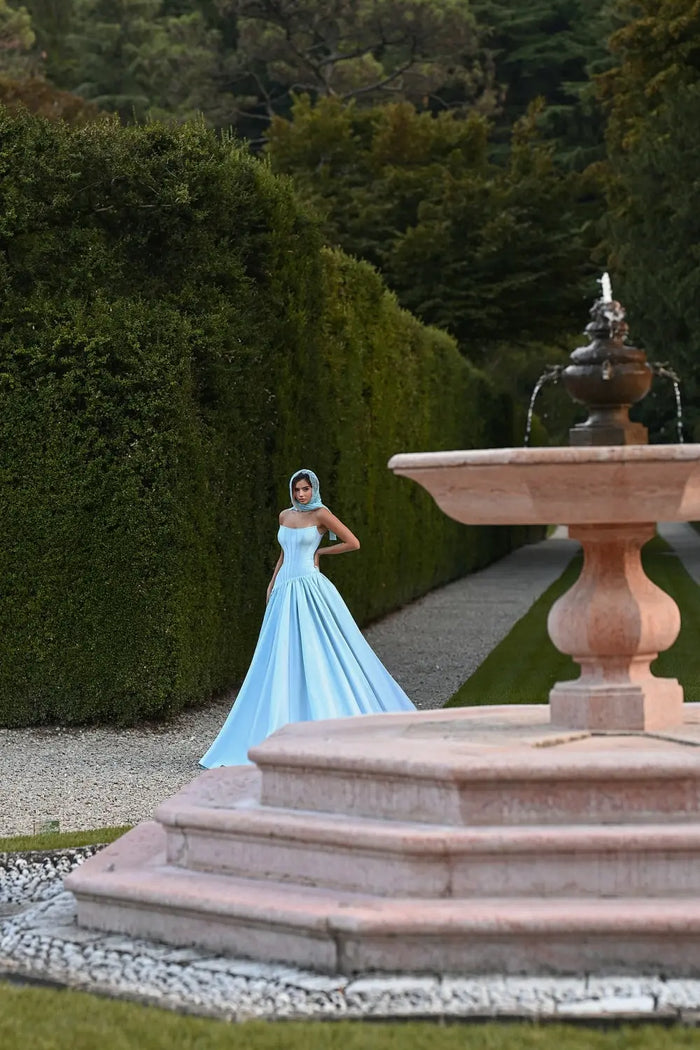 Minimalist Sky Blue Satin Strapless Ball Gown Evening Dress SF036 Sheer Fairy