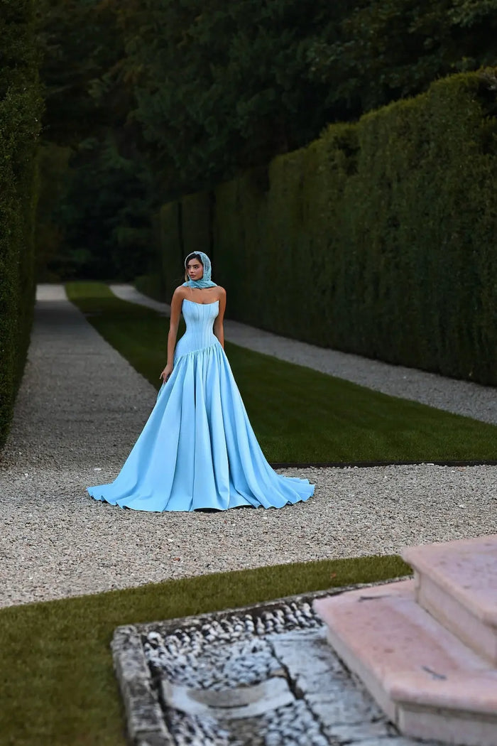 Minimalist Sky Blue Satin Strapless Ball Gown Evening Dress SF036 Sheer Fairy