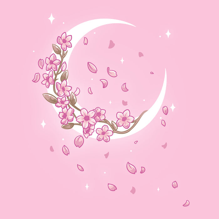 Premium Cotton T-shirt_TeeTurtle light pink Moon Blossoms apparel featuring an artistic crescent moon with cherry blossoms on it and petals all around.
