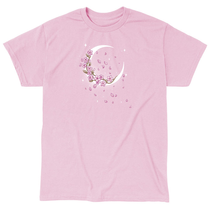 Classic Cotton T-shirt_TeeTurtle light pink Moon Blossoms apparel featuring an artistic crescent moon with cherry blossoms on it and petals all around.