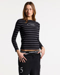 MOONLINE LONGSLEEVE TOP GREY - grey striped longsleeve tee, front view on female model - Cold Culture #woman