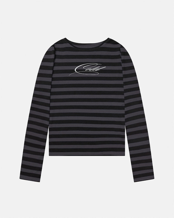 MOONLINE LONGSLEEVE TOP GREY - grey striped longsleeve tee, front view - Cold Culture
