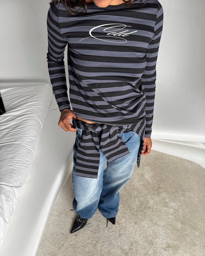 MOONLINE LONGSLEEVE TOP GREY - grey striped longsleeve tee, on model close-up - Cold Culture