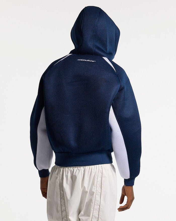 NEO ZIP JACKET WHITE & BLUE - navy and white zip jacket, back view on male model - Cold Culture #man