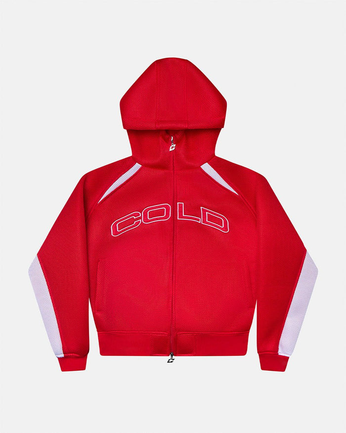 NEO ZIP JACKET WHITE & RED - red and white zip jacket, front view - Cold Culture