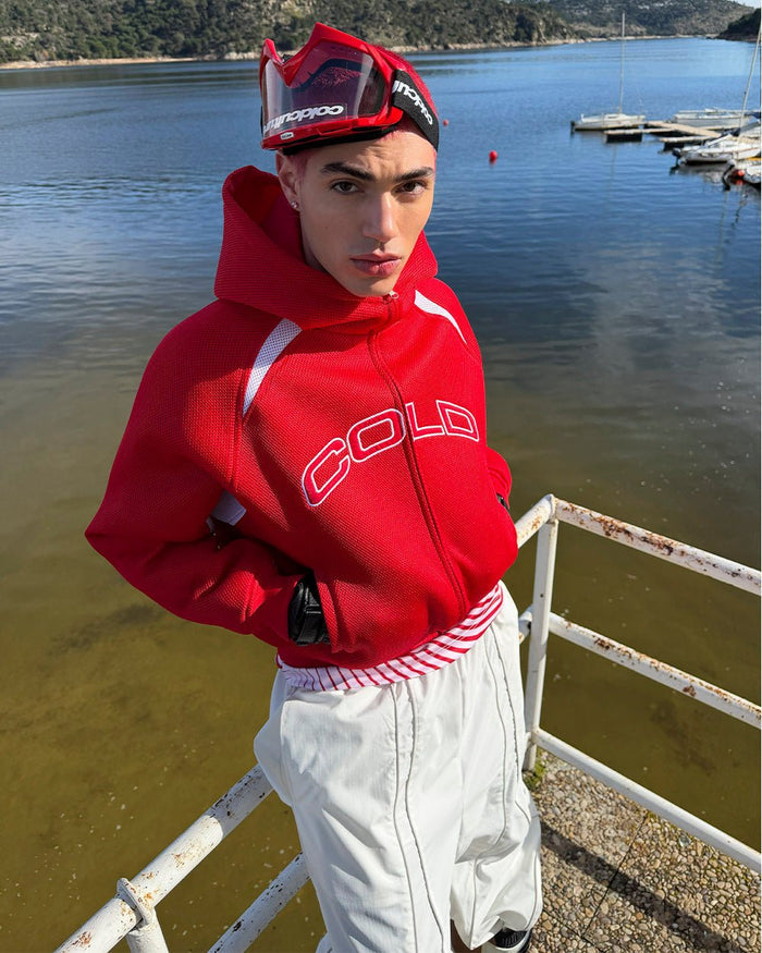 NEO ZIP JACKET WHITE & RED - red and white zip jacket, street style shot - Cold Culture