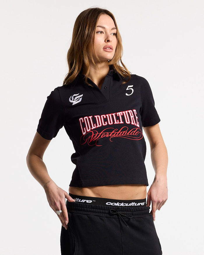 NIA SET POLO BLACK - black graphic print polo shirt, front view on female model - Cold Culture #woman