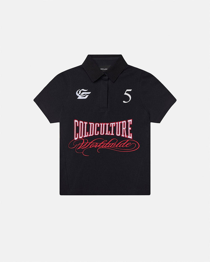 NIA SET POLO BLACK - black graphic print polo shirt, front view - Cold Culture