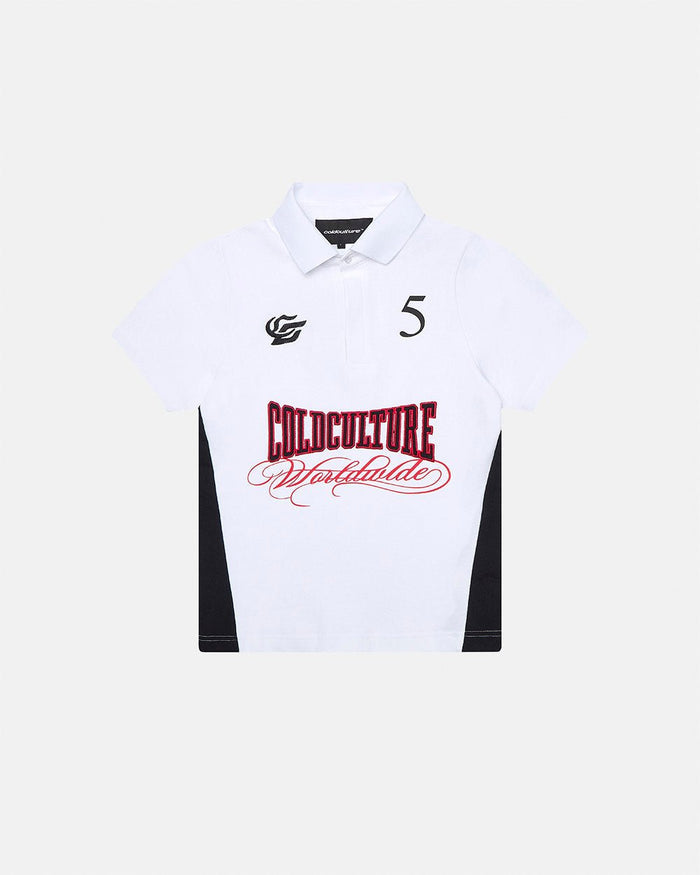 NIA SET POLO WHITE & BLACK - white and black polo shirt, front view - Cold Culture