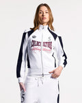 NIA SET ZIP UP WHITE & BLACK - white and black zip-up hoodie, front view on female model - Cold Culture #woman