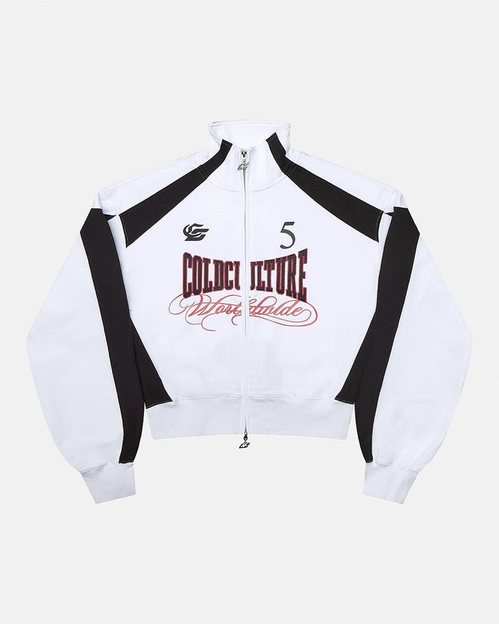 NIA SET ZIP UP WHITE & BLACK - white and black zip-up hoodie, front view - Cold Culture
